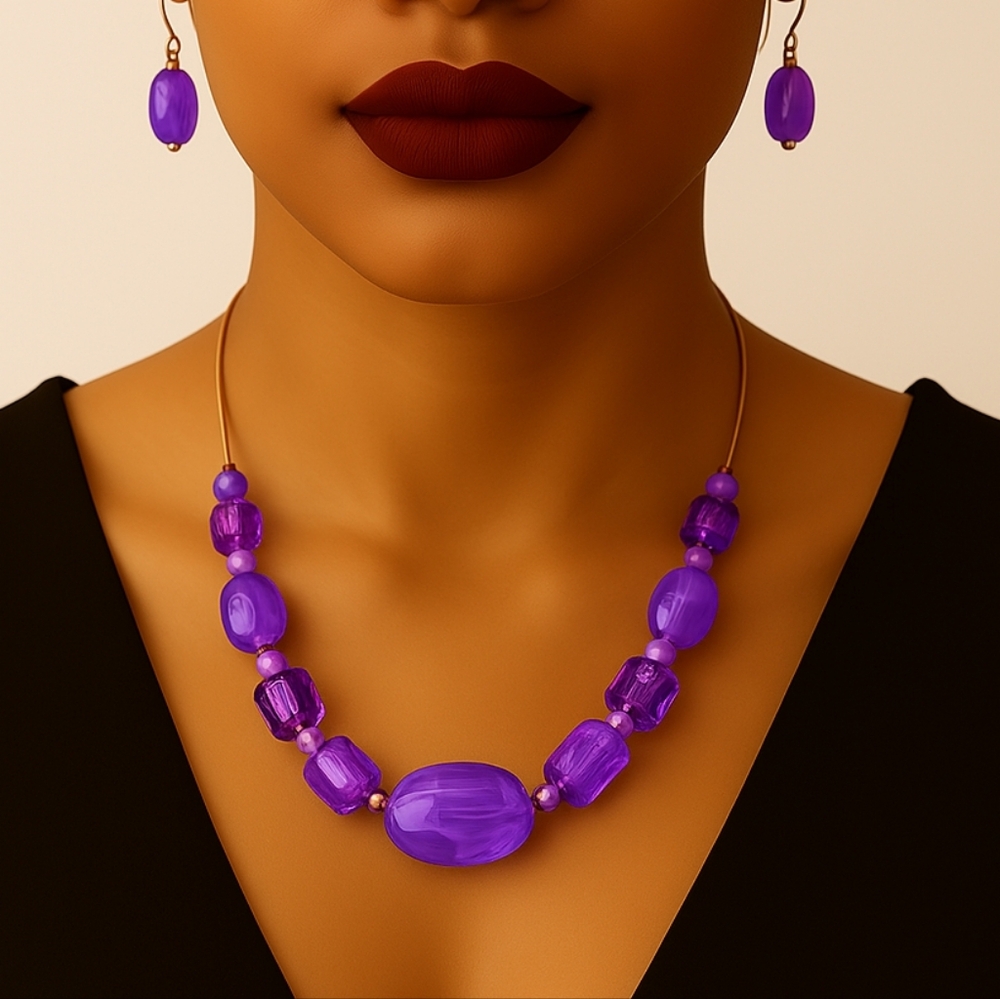 Layered Purple Beaded Necklace and Earrings Set – Gold Statement Women Jewelry